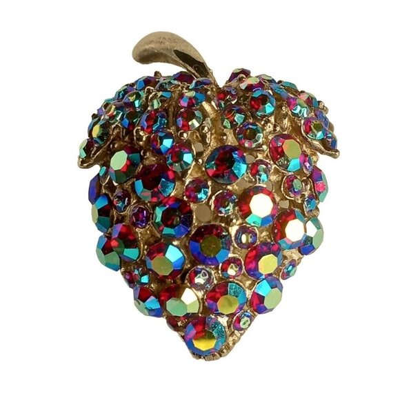 Vintage Red Aurora Borealis Rhinestones Encrusted Strawberry Brooch Silver Tone - Picture 3 of 11